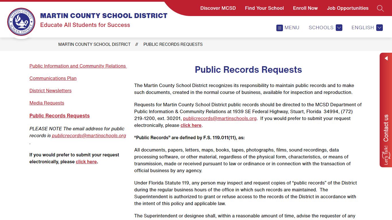 Public Records Requests | MARTIN COUNTY SCHOOL DISTRICT
